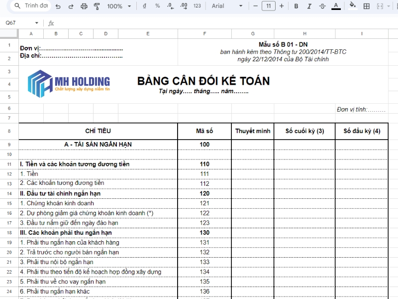 Mẫu bảng cân đối kế toán tham khảo