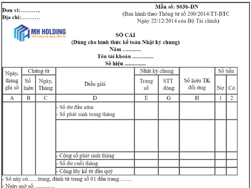 Mẫu sổ cái đơn giản