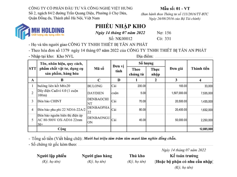 Mẫu phiếu nhập kho tham khảo